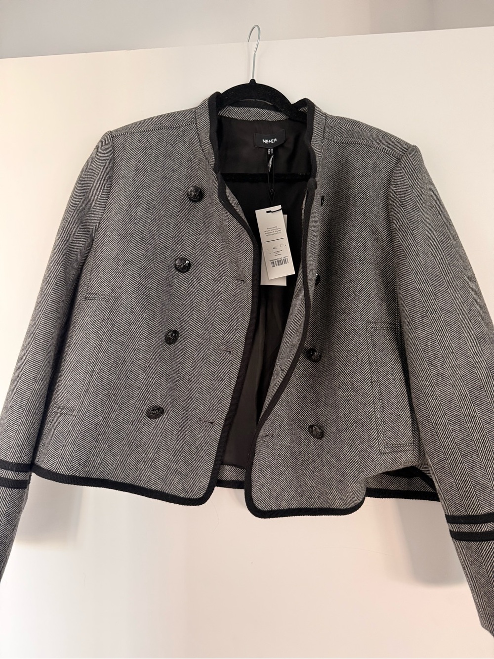 ME+EM Grey Herringbone Double-Breasted Blazer with Black Trim